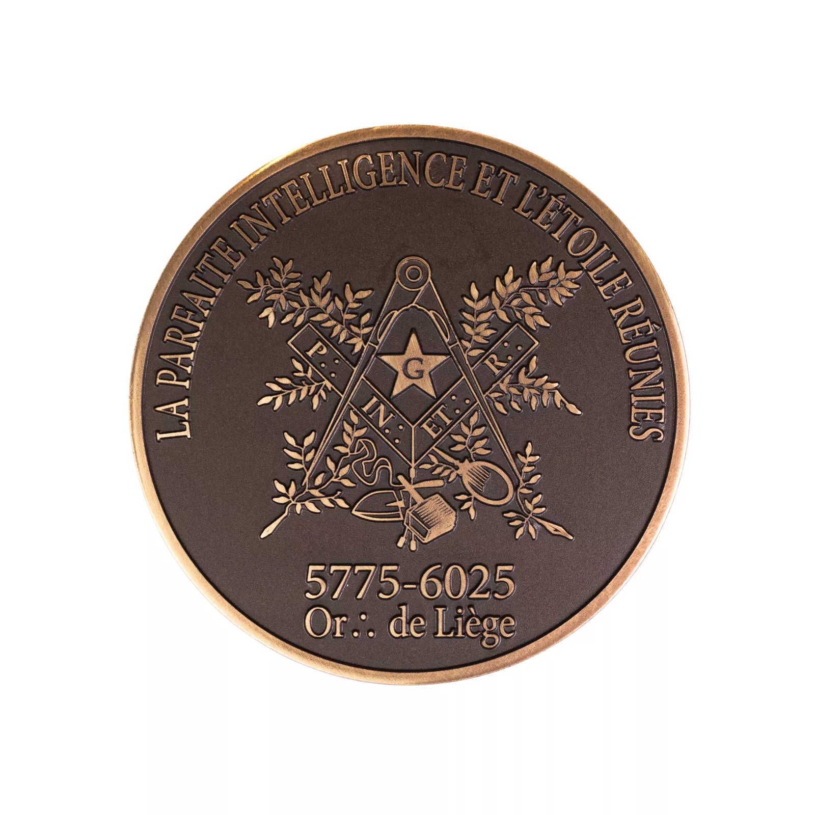 Patinated bronze medal for the lodge 'La Parfaite Intelligence et l'Étoile Réunis (P.I.E.R.)'